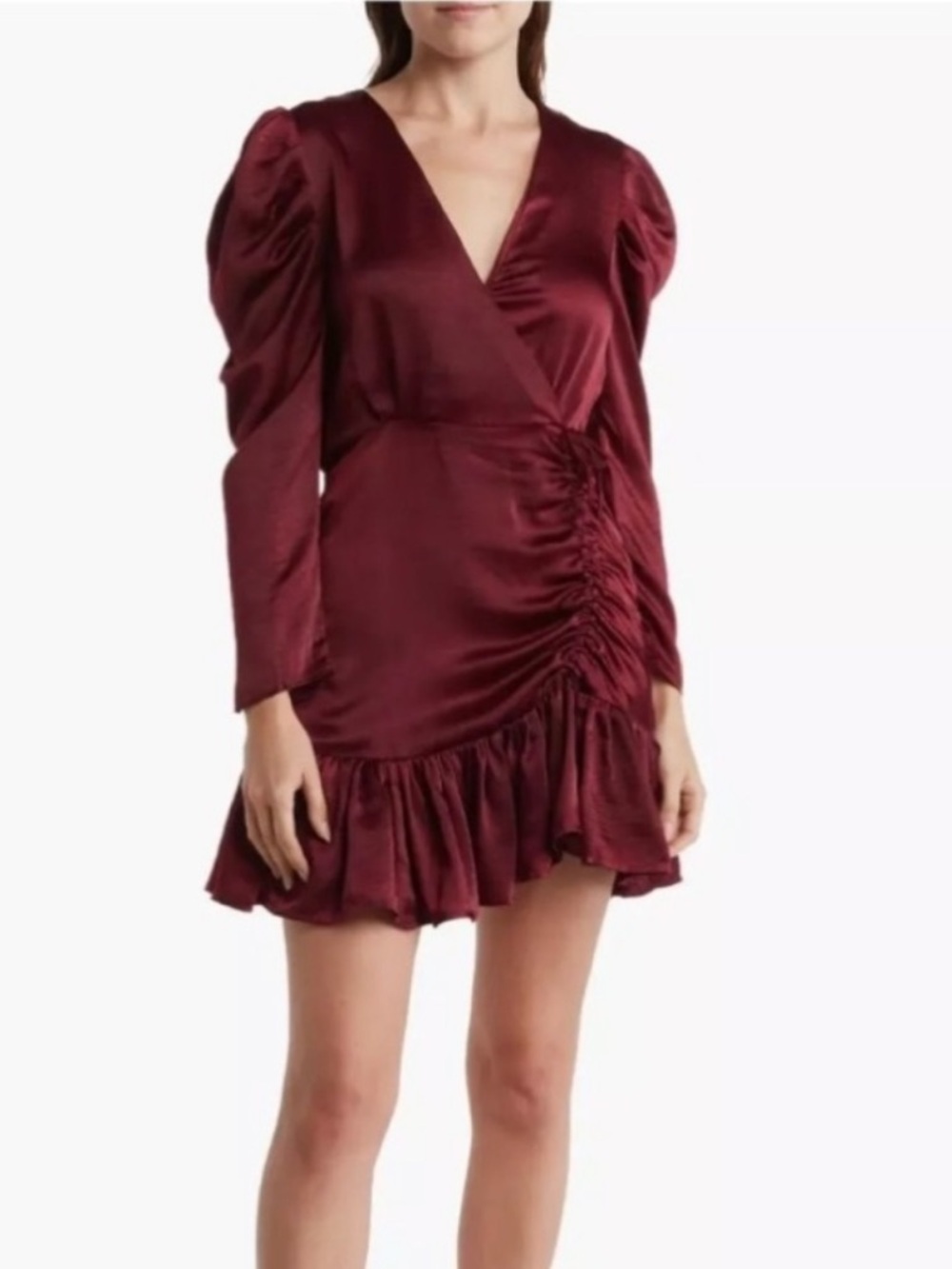 NWOT Steve Madden Women’s Burgundy Satin Wrap Mini Dress Ruched Puff Sleeve